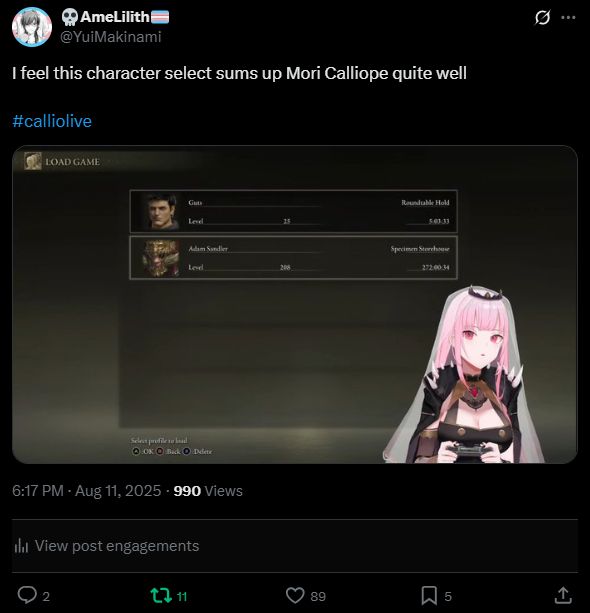 image of a tweet from my twitter with a screenshot taken from one of Mori Calliope's Elden Ring livestreams. she is on the file select screen with two save files labeled 'Guts' and 'Adam Sandler' 