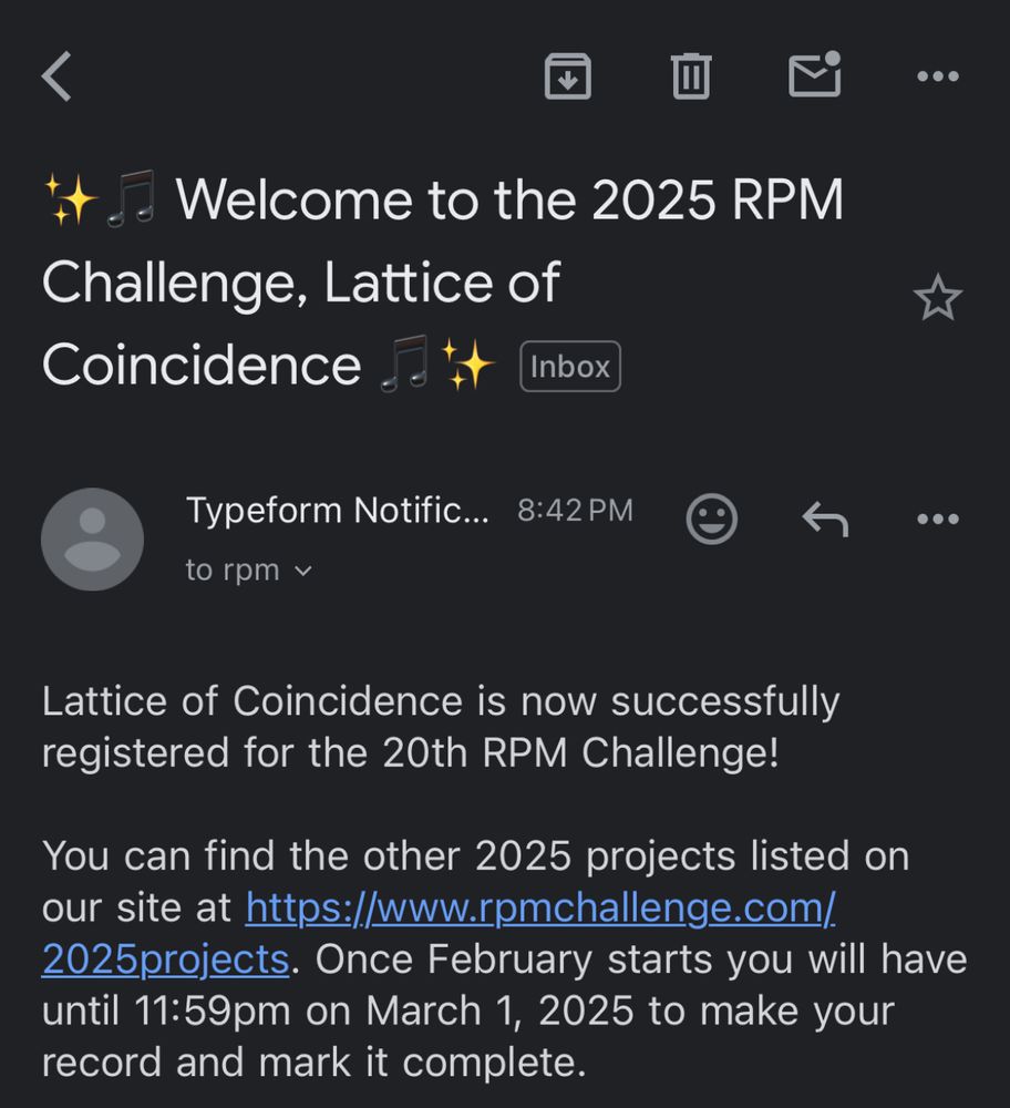An email verifying that I’ve signed up for the RPM challenge 2025. 
