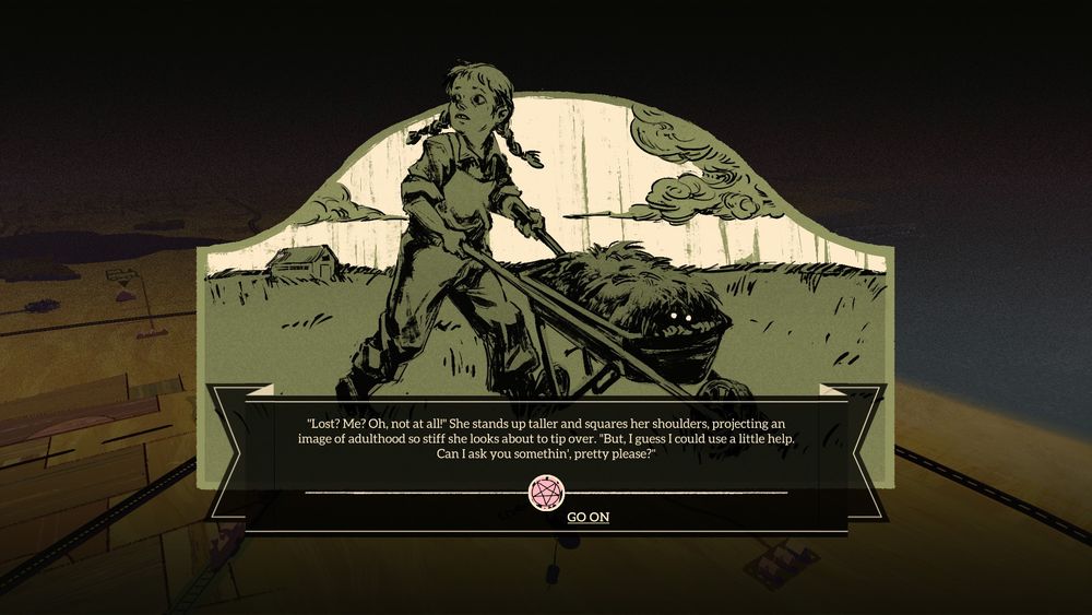 An illustration in green of a young girl pushing a wheelbarrow stacked with hay.
In a box, text reads: "'Lost? Me? Oh, not at all!' She stands up taller and squares her shoulders, projecting an image of adulthood so stiff she looks almost about to tip over. 'But, I guess I could use a little help. Can I ask you somethin', pretty please?"