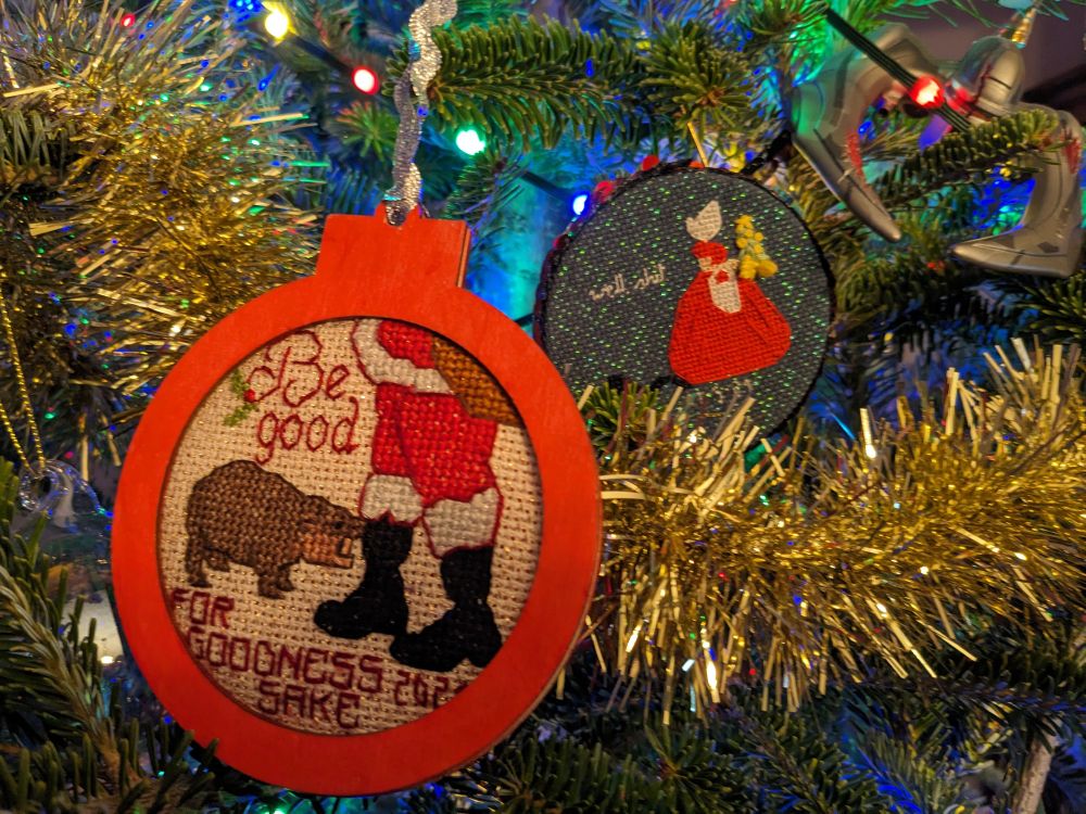 Cross stitch ornaments on a Christmas Tree