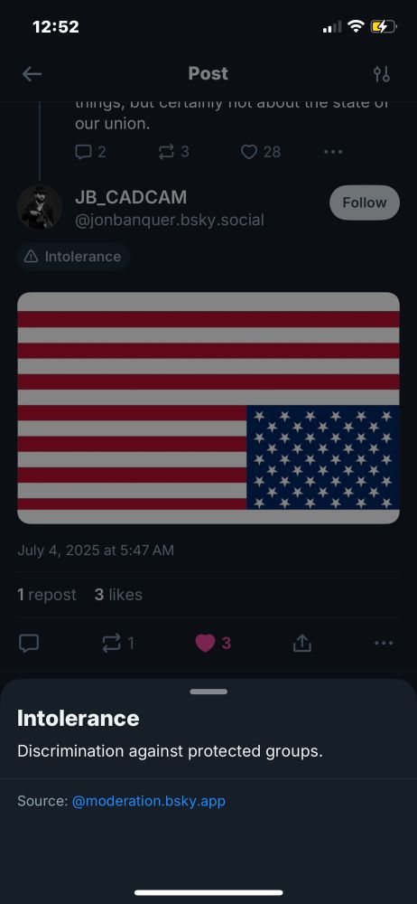 Bluesky moderation identifying a post of an upside down American flag as “intolerance” and “discrimination against protected groups.”