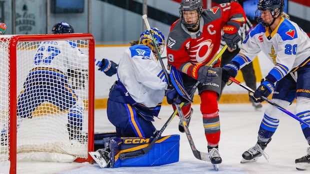 Hockey players fight for position in front of the net.