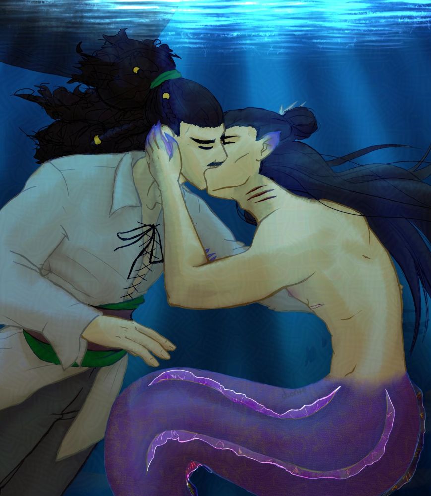 Pirate Nie Mingjue and mer Jiang cheng kissing. gills can be seen on Jiang Cheng's neck.