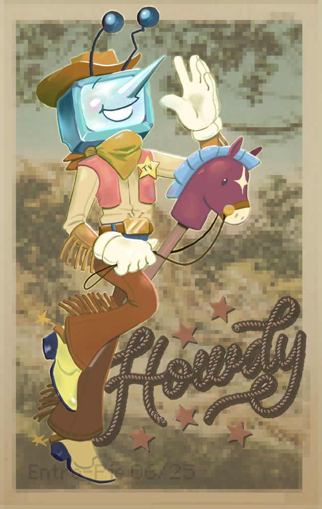 Tenna Deltarune in cowboy regalia riding a hobby horse