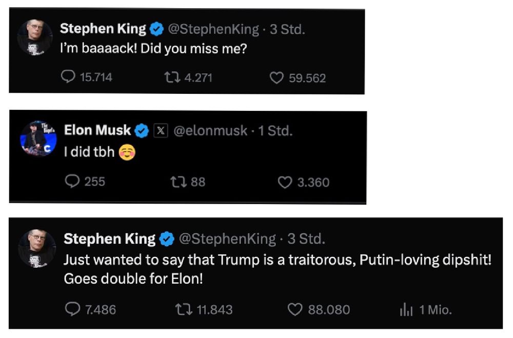 Screenshots von Stephen Kings Rückkehr, Musks Begeisterung an Kings anschließender Beleidigung