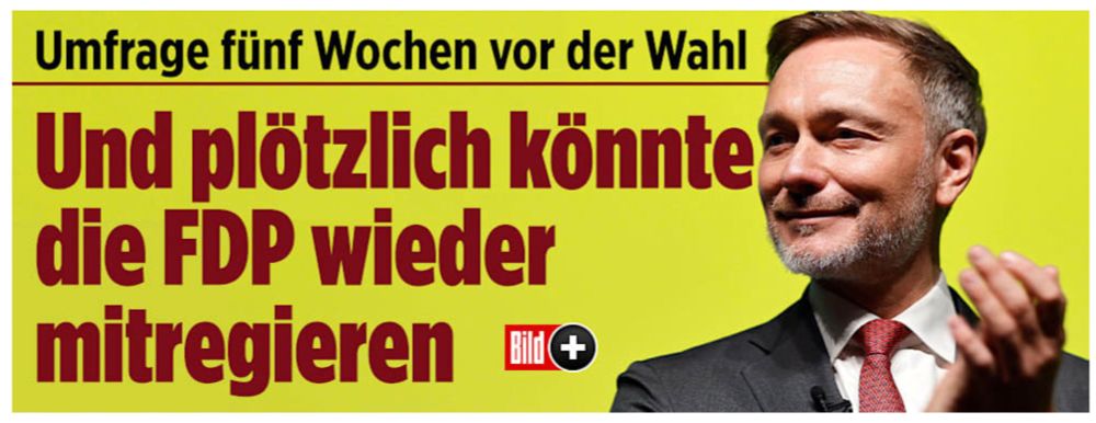bild.de: Umfrage 5 Wochen vor der Wahl
:
Plötzlich könnte die FDP wieder mitregieren