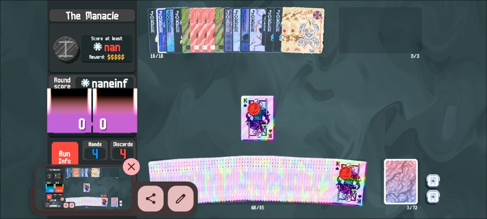 A screenshot of Balatro with 68 polychrome red steel kings of spades in hand, one in play, and three in the deck, with a cumulative score of naneinf