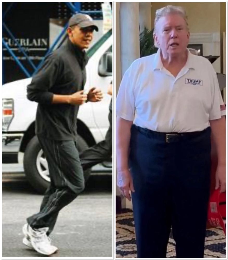 Photo of President Obama, slim and fit, jogging and one of Trump, obese and gormless, standing 