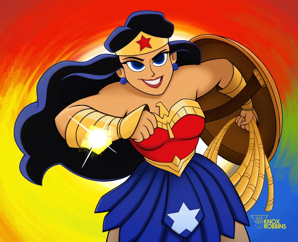 (Art from 2020) Princess Diana, Wonder Woman, charging into battle while reflecting something off her bracelet.