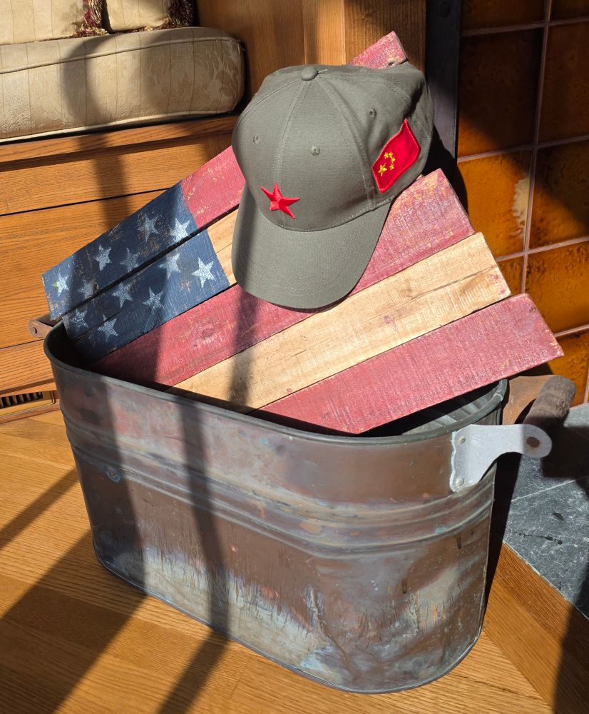 Chinese hat and American flag