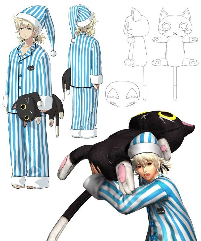And alternate costume featuring blue and white stripped pajamas, a night cap, and a giant stuffed cat for Meitenkun as featured in King of Fighters XIV