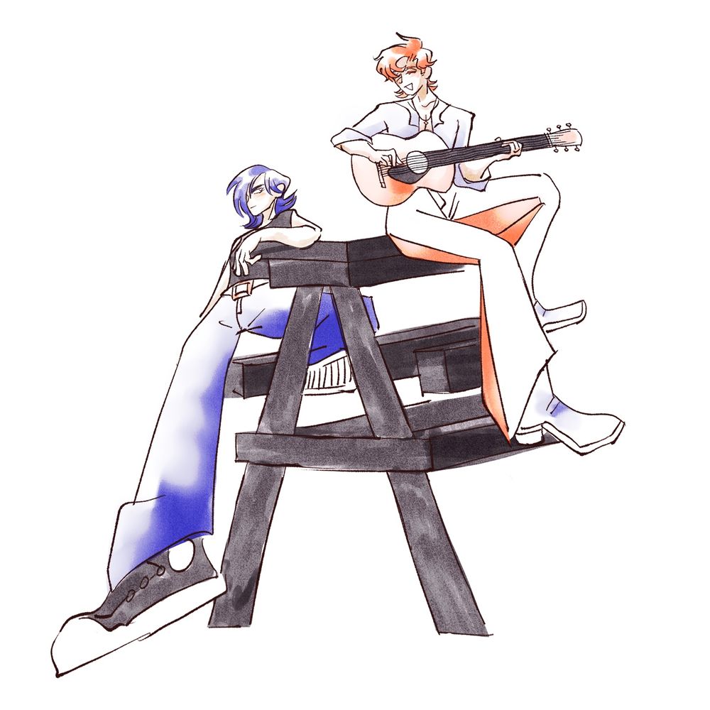 A doodle of Sylvain and Felix in casual clothes, sitting on a bench. Sylvain is playing an acoustic guitar and singing. Felix is listening relaxedly.