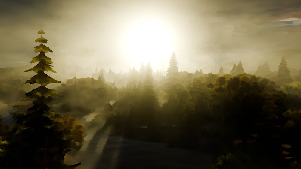 A foggy forest dawn with the trees silhouetted by the bright sun behind them. 
