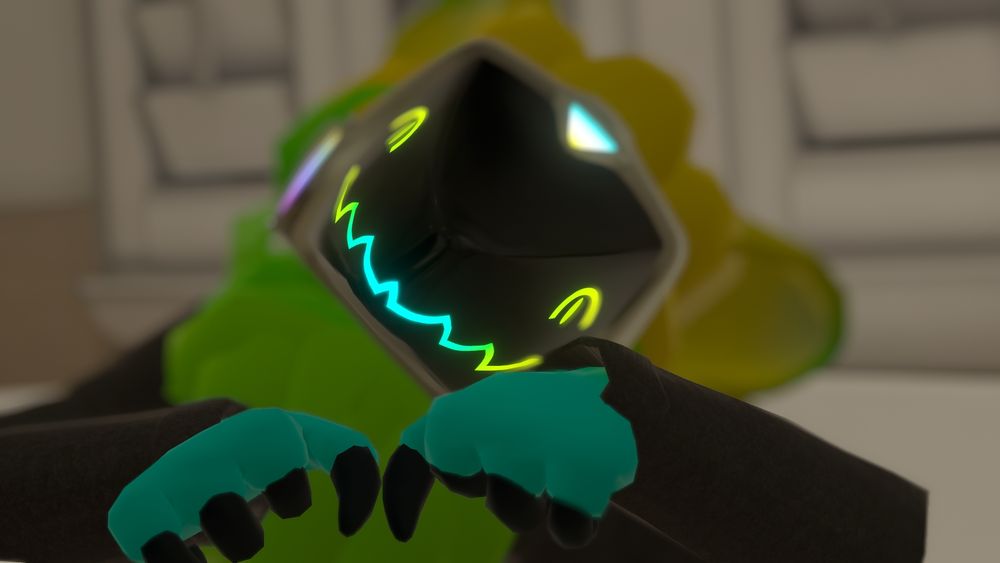 protogen looking into the camera very cutely with their head tilted slightly and their hands out in front like fists