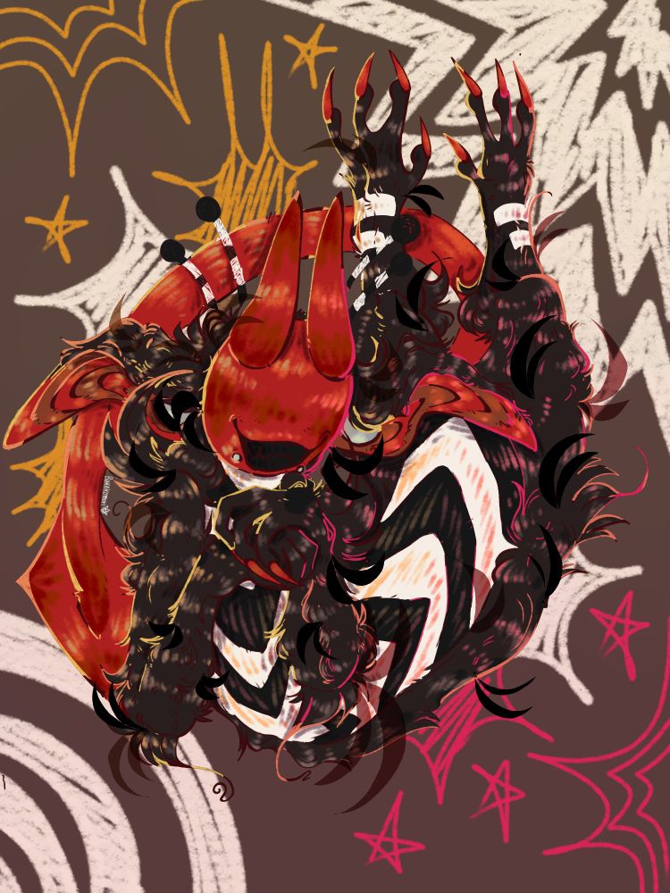 Um CCCat preto com máscara vermelha e uma cauda de demônio vermelha! A barriga do personagem é no padrão de espirais pretas e brancas, e o fundo é marrom com explosões desenhadas na cor branco, dourado e rosa choque