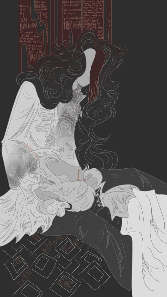 Joseph todo preto e branco com o irmão dele, Claude, deitado morro no colo com uma moeda na língua enquanto sai sangue da boca dele, com algumas fotos no chão e sangue caindo na cabeça 