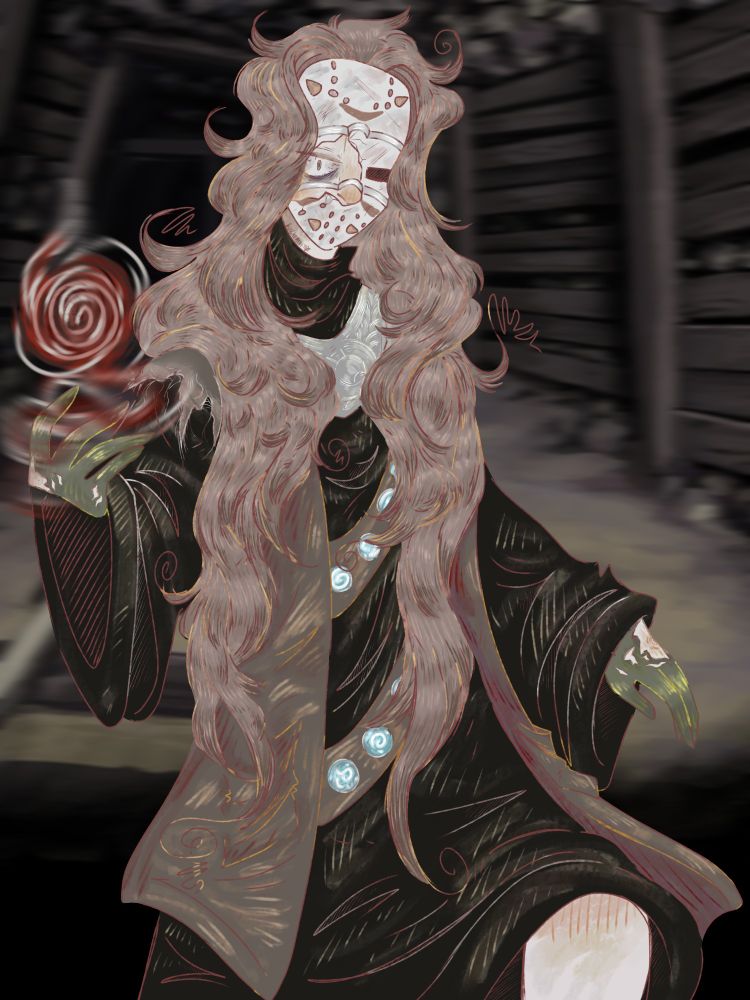 Personagem Enki do jogo Fear & Hunger usando a máscara do Jason quebrada. Na sua mão esquerda ele tem um "Hurting Spell", e em seu corpo tem diversas lesser souls sendo carregadas.