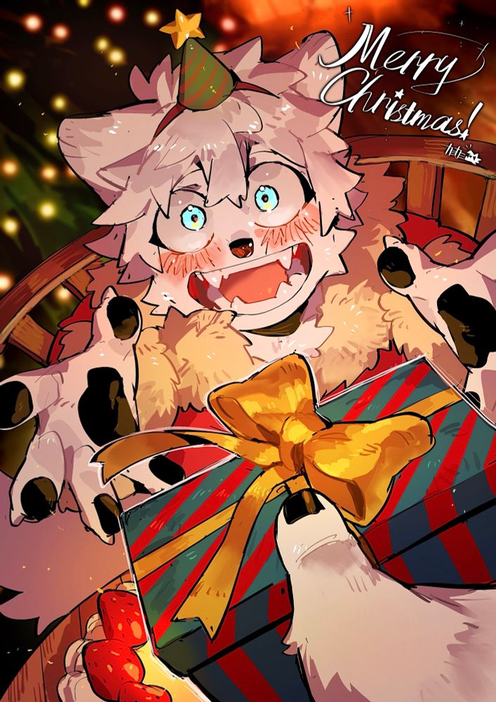 The white wolf kid is happy to get a present.🐺