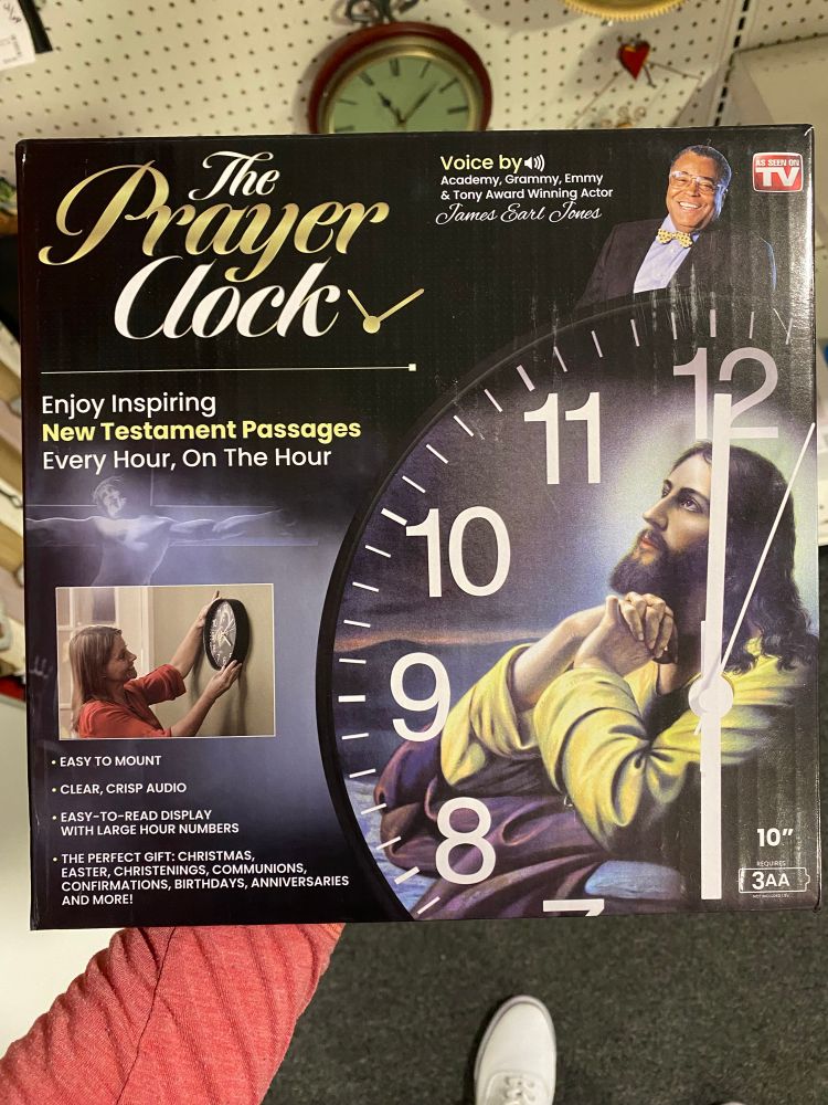 “The prayer clock” with a picture of pensive, prayerful Jesus in the fact, it plays readings from the New Testament every hour on the hour as read by James earl jones