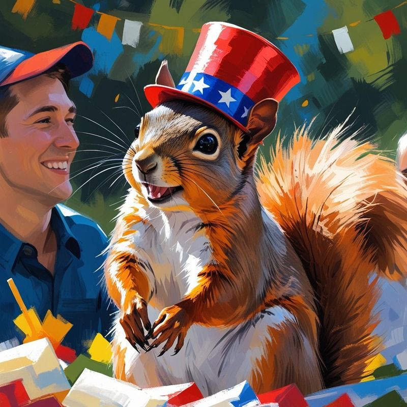 Squirrel in an uncle Sam hat looking happy, with white dude standing behind him