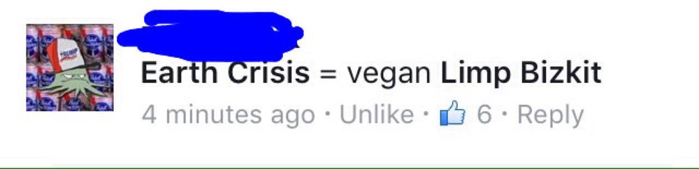 A post that reads Earth Crisis = vegan Limp Bizkit