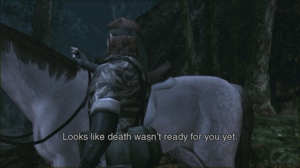 Protagonist Solid Snake petting a horse with one of the antagonists named 'The Boss' saying out loud, "Looks like death wasn't ready for you yet" in the video game "Metal Gear Solid 3: Snake Eater"