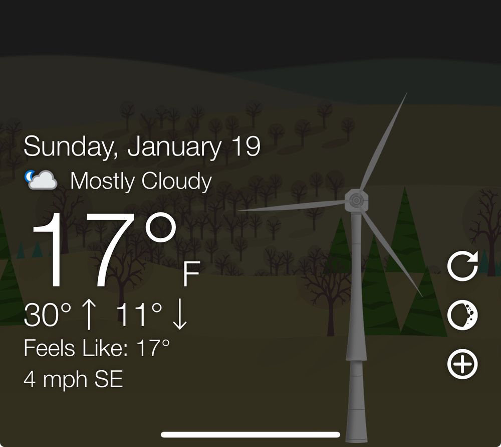 Screenshot showing current weather conditions in northern Utah on the morning of 19 January, 2025 with a current temperature of 17° Fahrenheit (-8° Celsius) from the app “What The Forecast”. 