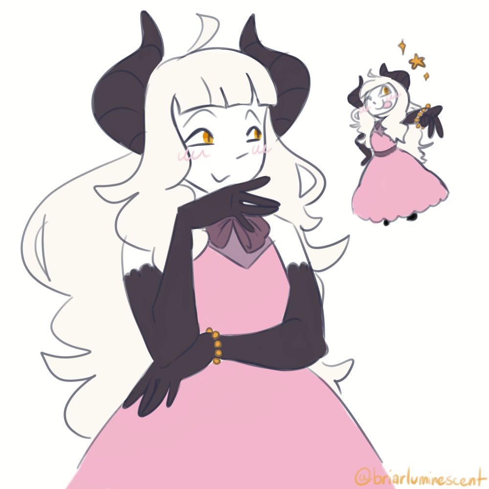 Digital drawing of Sukifoof's oc, Anwen. She is a young woman with paper-white skin, large ram-like horns, long platinum blonde hair, a pink dress and long, dark gloves. She has a smug expression and is resting one arm on top of another, with her hand next to her mouth. To the right is a small drawing of her posing with a peace sign and a hand on her hips.