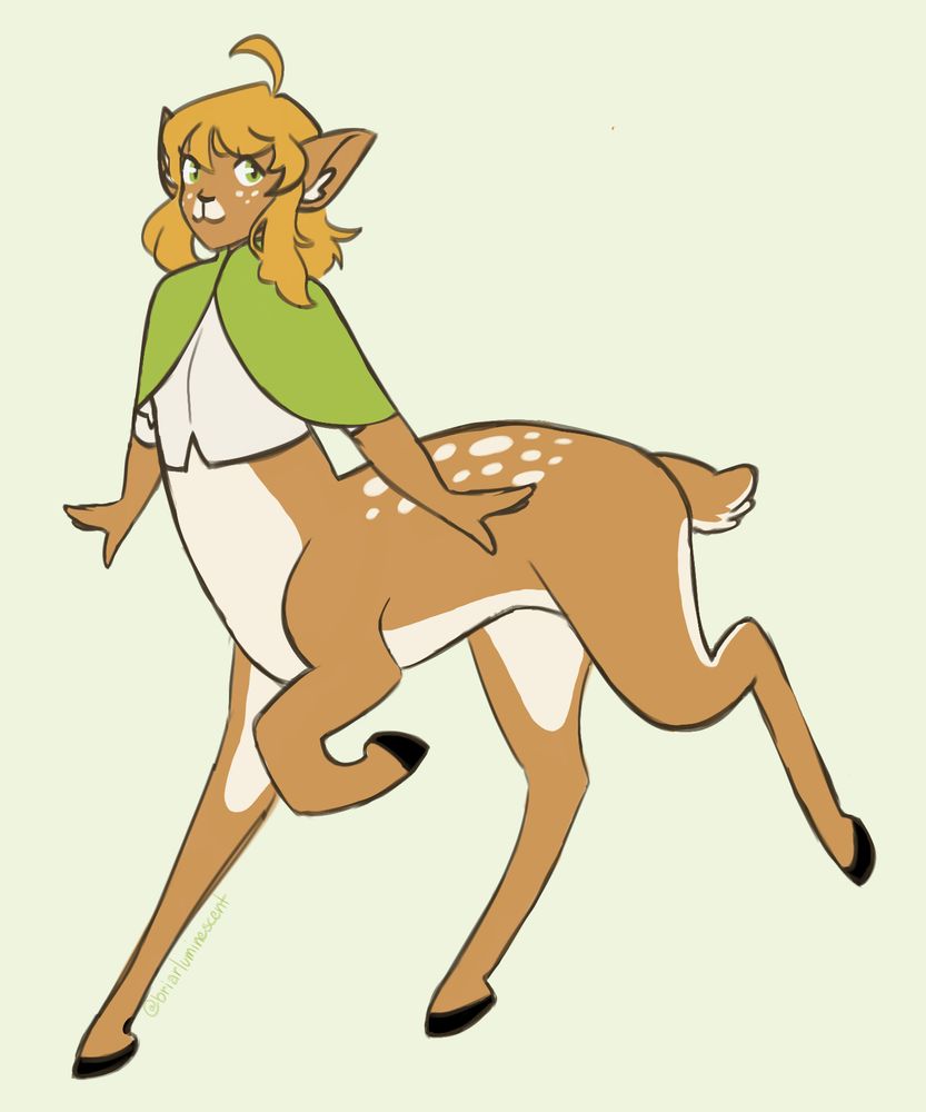 Digital drawing of hoork's oc, Apple. She is a cervitaur with a simple white shirt, apple green shawl, and an orange bob. She is looking at the camera and smiling.