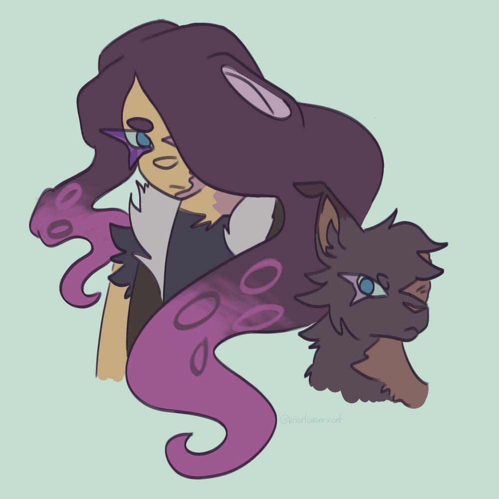 Headshot digital drawing of Margin by receding tides. she is an octoling with long, dark magenta tentacles covering one eye. On the right is the cat version of her, a cat with short fur the same color as her tentacles and a large scar on her right. They are both frowning neutrally.