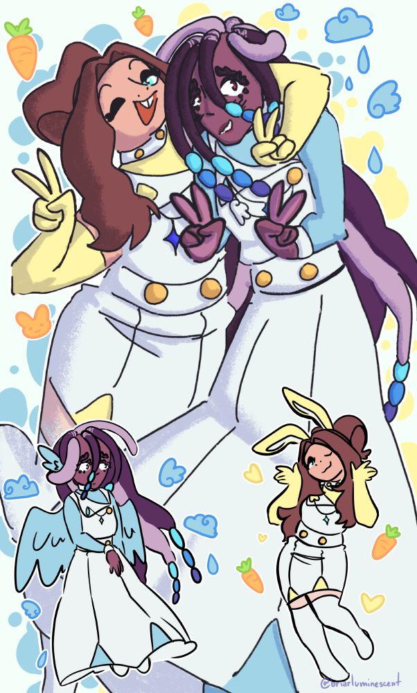 Digital drawing of Zuzu and Hokoto from Prism. They're both doing peace signs with their hands. Zuzu has an arm around Hokoto's shoulders. Zuzu has one eye closed and an open-mouthed smile while Hokoto has a small, sheepish smile and hunched shoulders. There are two smaller drawings of them below, with Hokoto having bird wings and Zuzu rabbit ears. Around them are little drawings of clouds, wings, teardrops, carrots, and hearts.