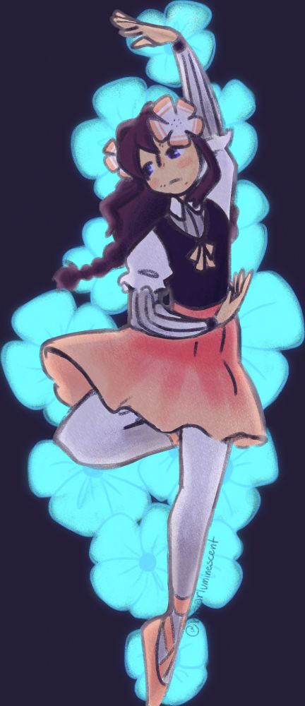 Digital drawing of Lilac, the integrity soul by Squidpedia. They are 'spinning' with an arm above their head, the other around their torso, one leg up and another stretched. Behind them are glowing echo flowers.