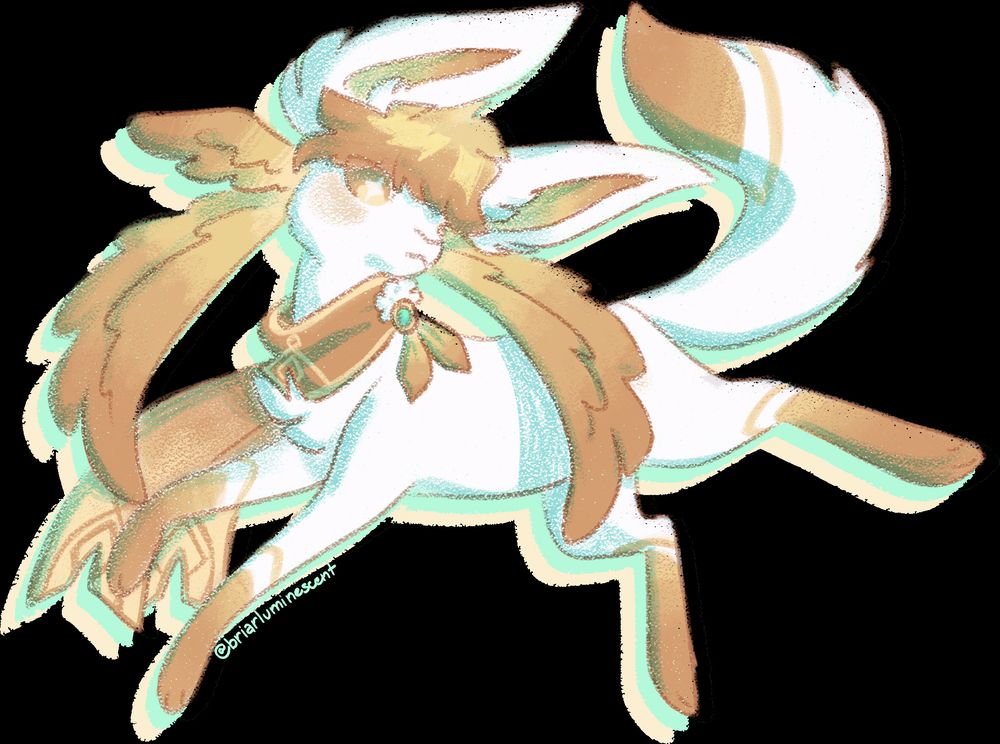 Digital drawing of Orion by MapleandPie. They are an eeveelution-like animal with white fur, wings coming from their head and a scarf, both golden. drawn with a crayon-like brush and posed like they're leaping