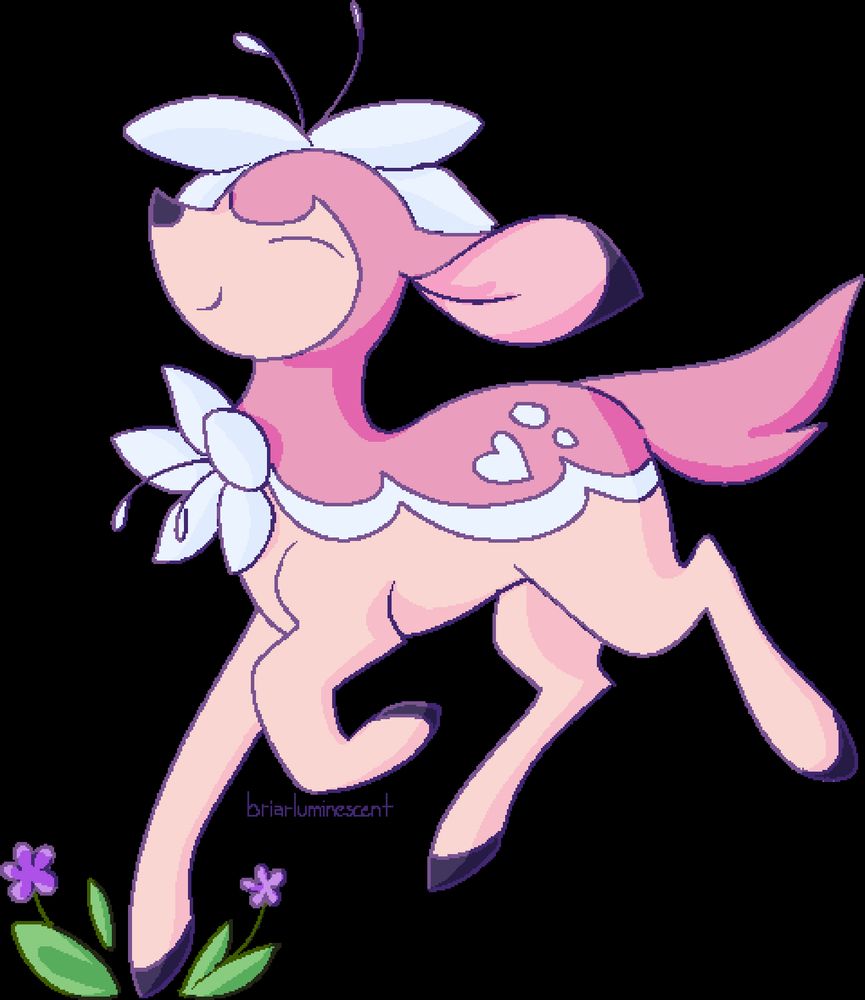 Pixel art of Princess by Kelpcheep. She is a pink deerling jumping happily, eyes closed, and smiling. Some purple flowers lie next to her hoof.