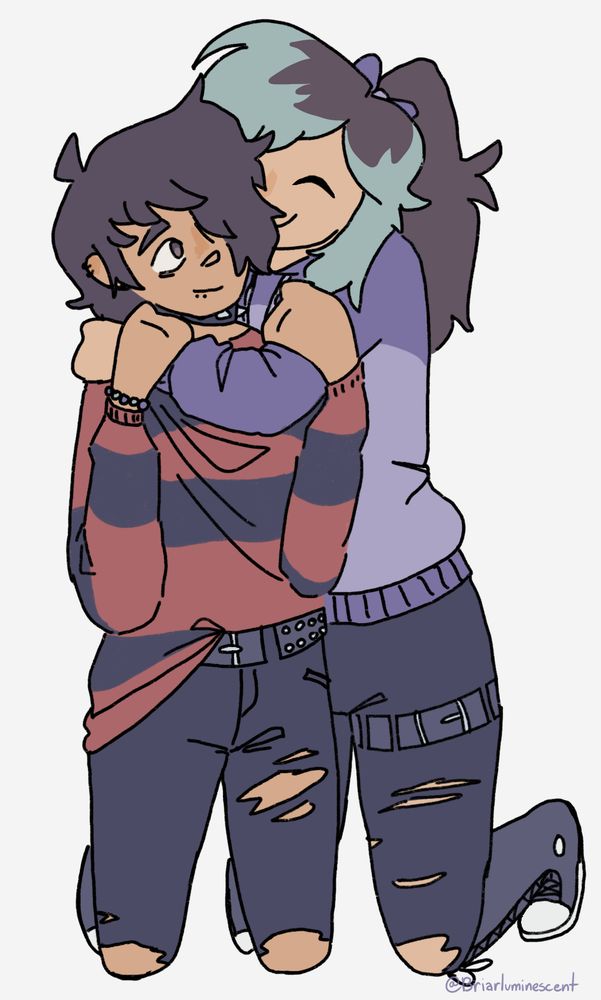 Digital drawing of ComfyMoth's ocs, Leon and Quinn. They're both on their knees, with Quinn hugging Leon's neck and a smile and Leon holding her arm and smiling back.