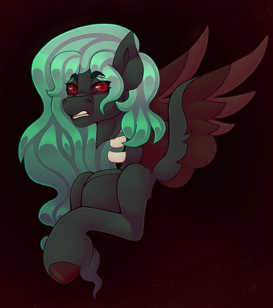 A pony without a neck, instead having a spine exposed, giving an angry snarl