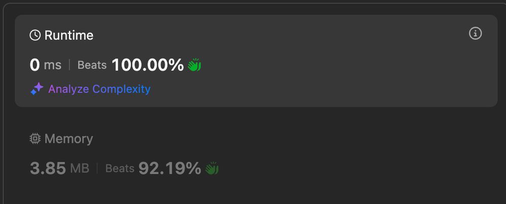 LeetCode problem completion screen showing runtime and memory of a program. Reads "Runtime: 0ms, beats 100.00%. Memory: 3.85mb, beats 92.19%"
