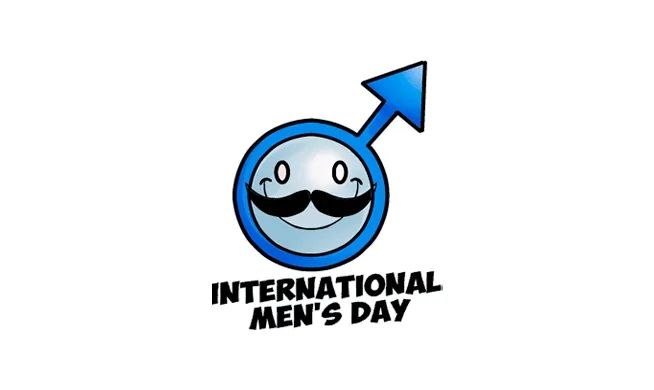International Men's Day logo. Male gender symbol with a smiling face and a large moustache. Text: International Men's Day.