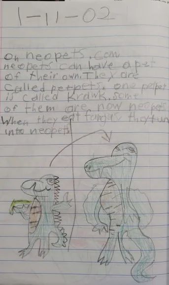 Child's journal entry on lined paper.
Date: 1-11-02.
Text: On neopets.com, neopets can have a pet of their own. They are called petpets. one petpet is called Krawk. Some of them are now neopets. When they eat fungus, they turn into neopets.
Drawing: On the left, a Krawk Petpet (depicted with spines) is holding green "fungus." An arrow points from it to the Krawk Neopet (depicted without spines) on the right.