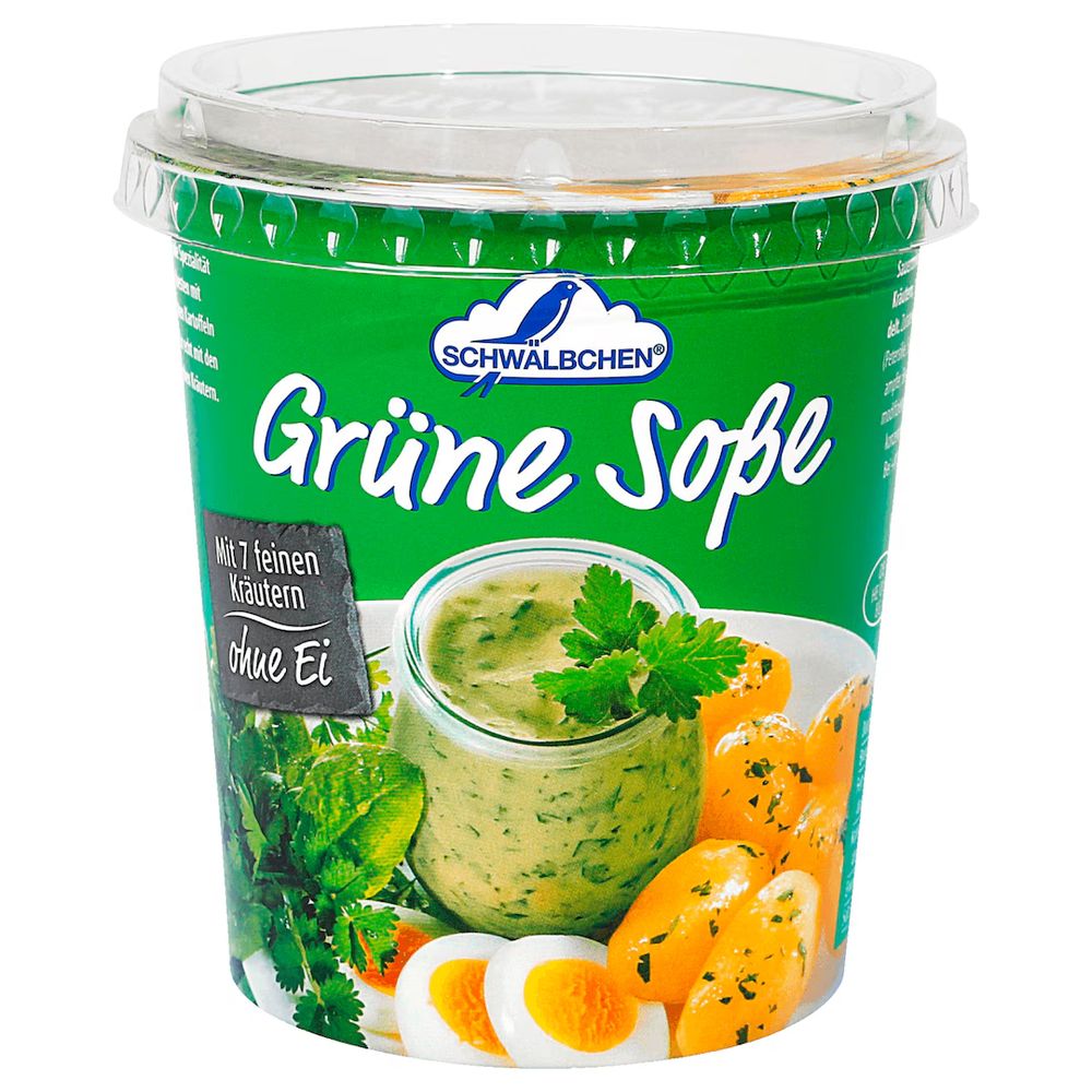 Produktbild von REWE: grüner Becher mit der Aufschrift Grüne Soße, darüber das Schwälbchen-Logo. 
