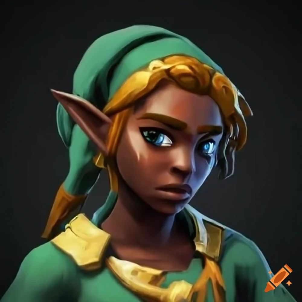 Description by image creator: Dark skin African American link with hat from legend of Zelda in profile