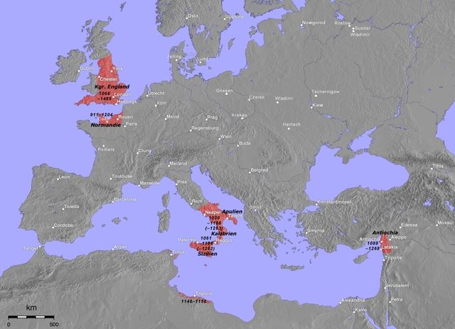 Map of Europe in gray showing Norman territories in red they include most of England northern France Southern half of Italy and Sicily a bit in the levant and a bit in North Africa