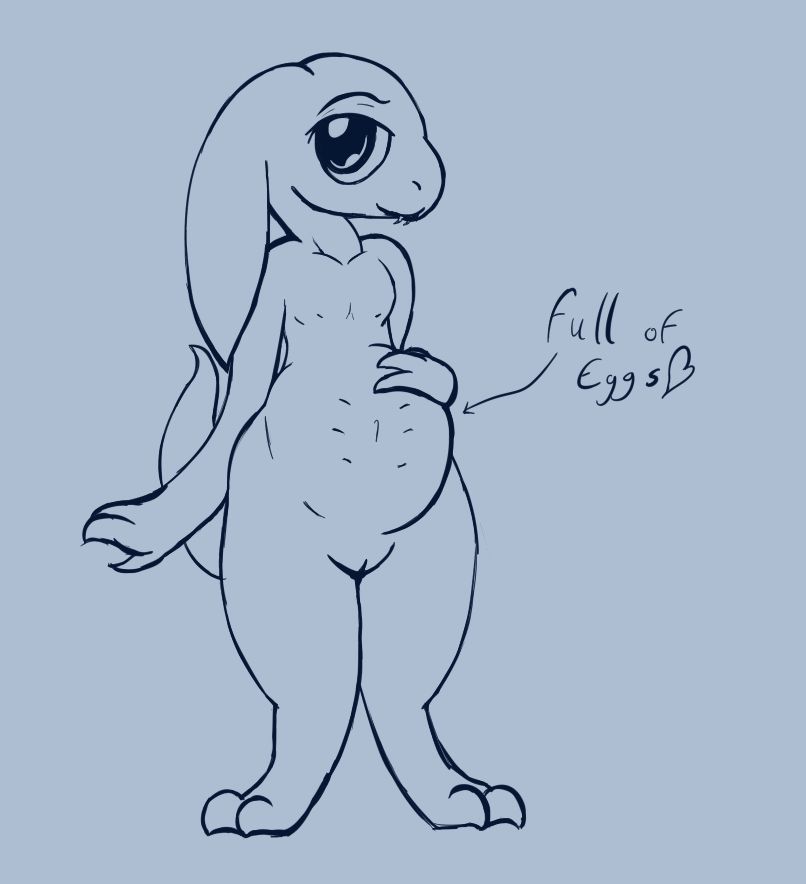 rosie as an anthro snake reptile critter. big belly full of eggs, thick meaty thighs, flat chest and narrow shoulders. cute little fangys