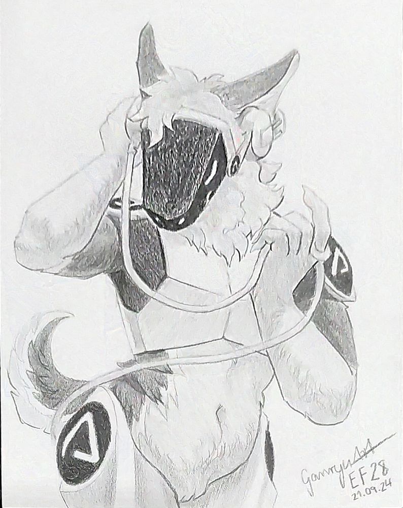 A pencil drawing of a protogen intently listening to music through their over ear headphones. Their eyes are closed as they tune into the music. One hand pushes the headphones close the other holds the cord up as it playfully twist around their index finger.