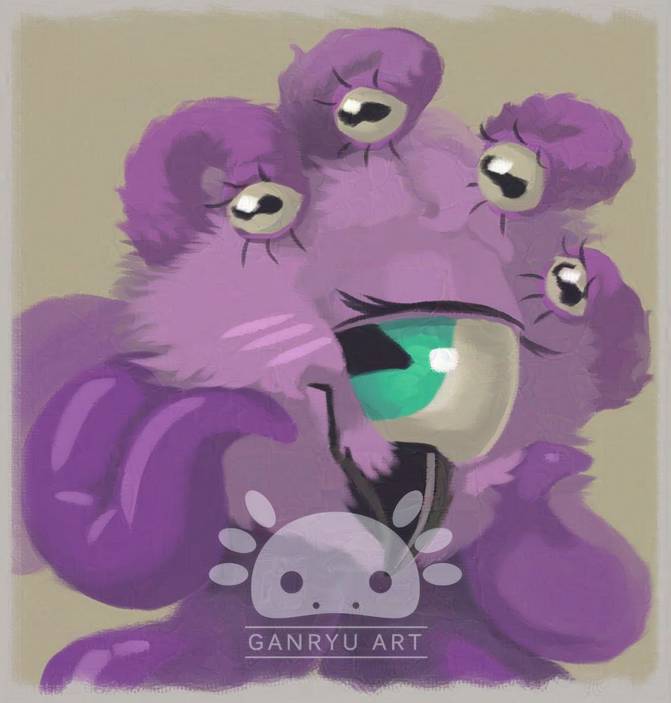 A digital portrait painting of a cute pink beholder holding her cheeks with a big grin on her beak, while blushing.
