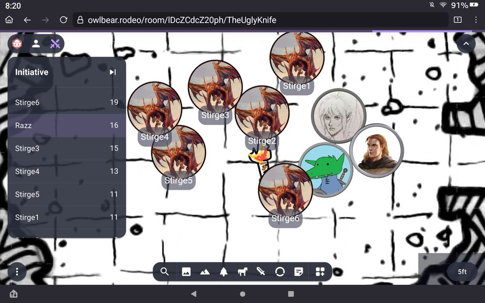 Screenshot from owlbear rodeo of the three players. Razz the kobold, folwin the elf and half elf  Taurin.  They are clustered  together as they are surrounded by 6 stirges on a white grid map showing a cavern. 