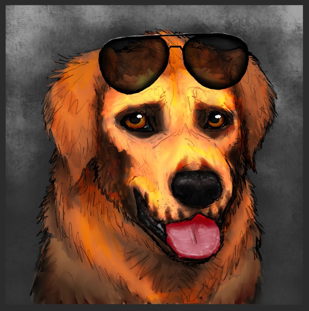 A redish golden retriever dog panting happily with golden shiny eyes to represent the dog version of gideon from the locked tomb series. This picture has her with sunglasses on the top of her scruffy head along with skull face paint on a grey background .