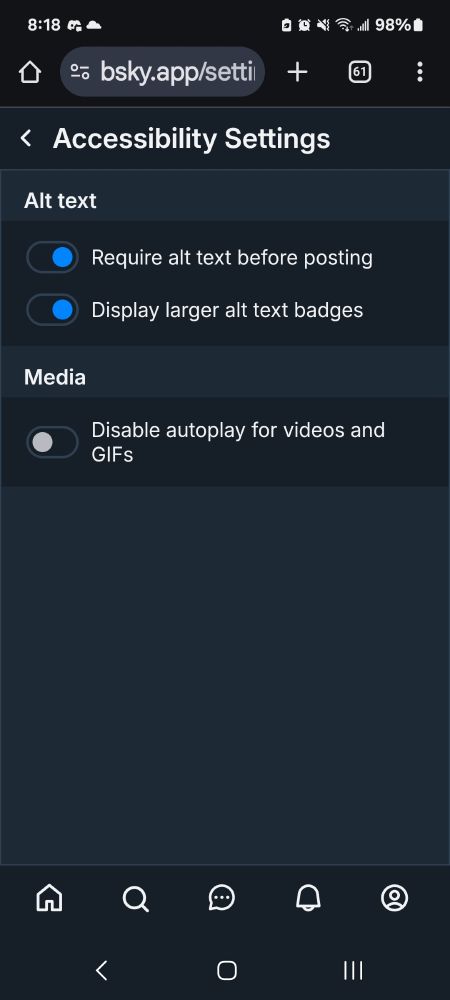 A screenshot of kcs phone on the accessibility page on bsky. "They have the require alt text posting" clicked on. 
They also have the "display larger alt text badges" clicked on. (Thank you for looking at this hope this helps.)