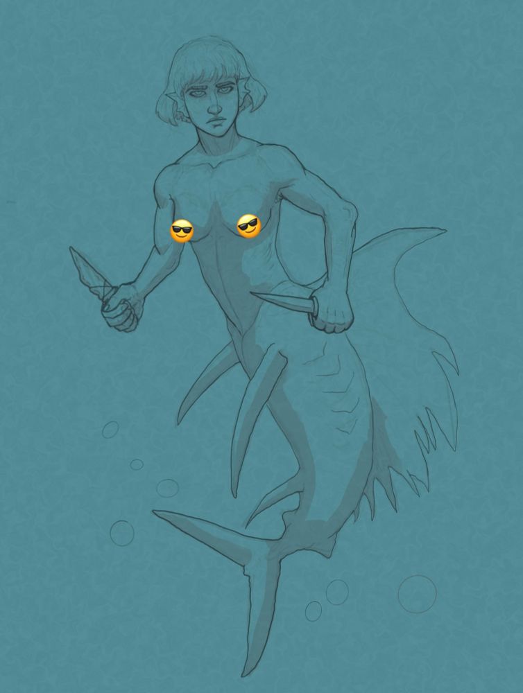 A digital drawing of a mermaid version of camilla hect from the locked tomb. She is carrying to crude knives and giving the viewer a good stoic glare. The whole drawing is blue except the two sunglasses emojis sensoring her nipples. 