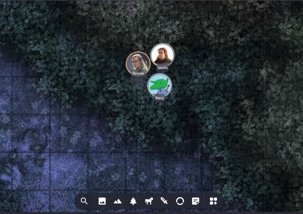 A forested gridded battlemap with three player tokens. Ones is name folwin and is using an image og legolas another named is Tourin and is using an ambiguous half elf image. Then finally Razz with a mspaint drawing of a lil green kobold as their image.